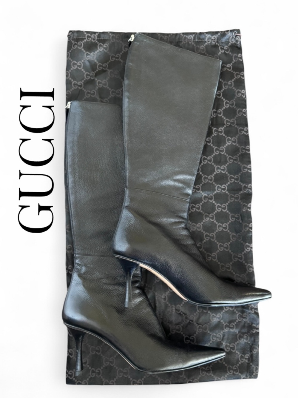 Vintage Gucci Black Leather Knee High Boots Pointed Toe Heel Italy Size 8 / 38